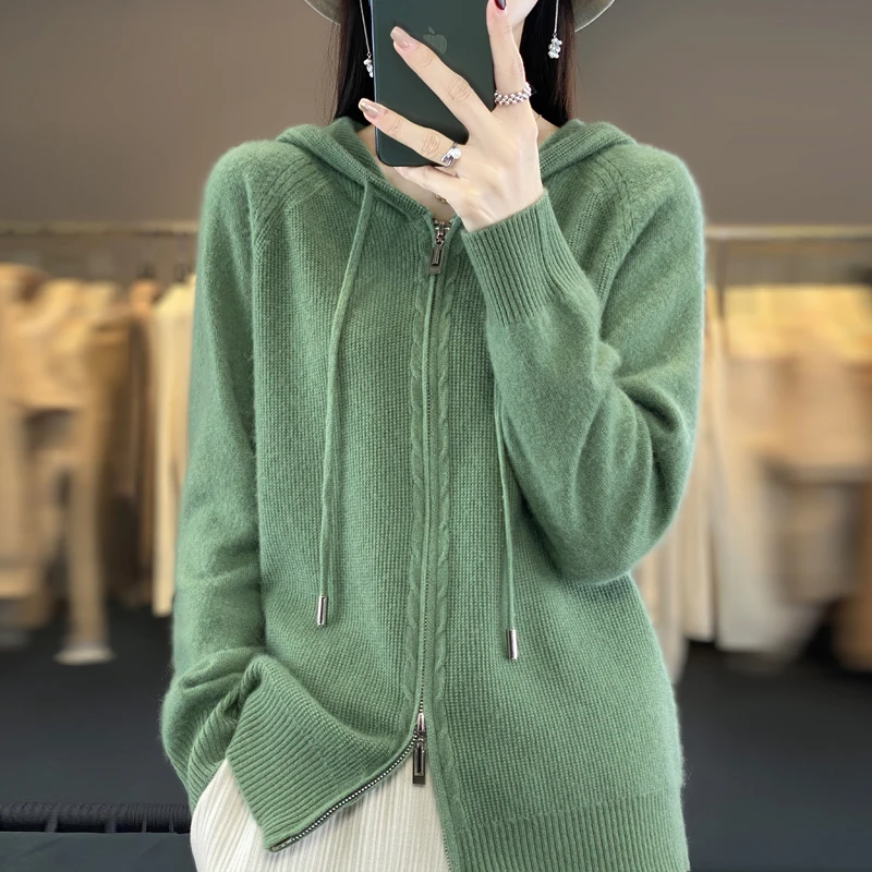 Новый шерстяной свитер-кардиган на осень и зиму женская рубашка с капюшоном