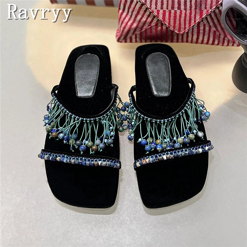 Дизайнерские женские шлепанцы с бахромой летние новые пляжные квадратным носком