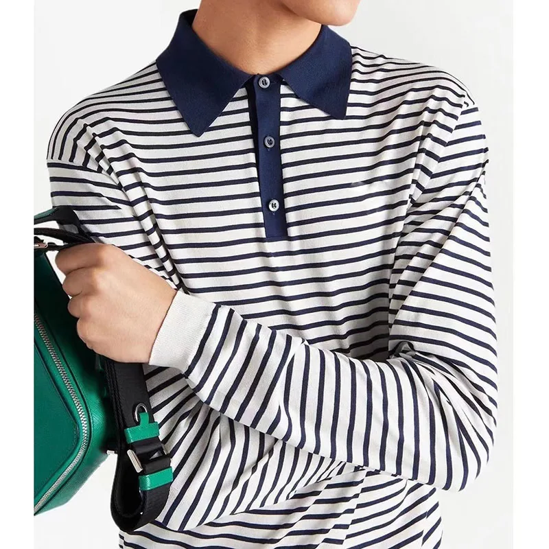 

22 Autumn Winter Women Fashion Runway Knitted Polo Pullover Long Sleeve Lapel Sweater Stripe Color Contrast Slim Hooded Jumpers