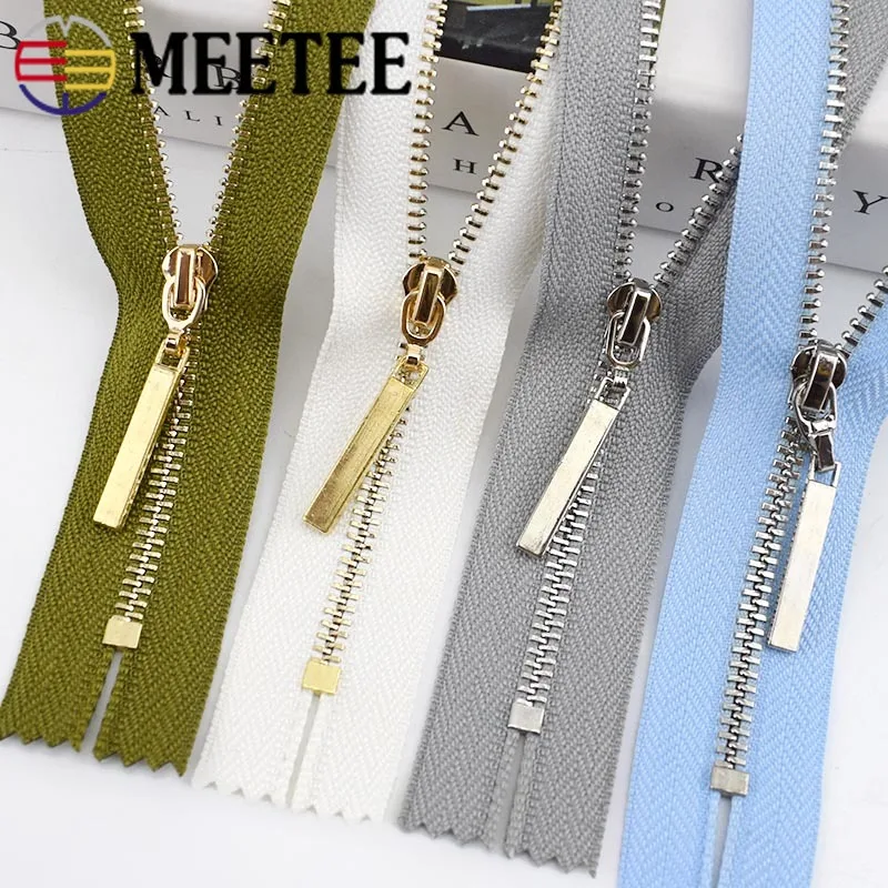 

Meetee 2pcs Close-End 20/30cm Open-End 40-70cm 3# Metal Zipper Gold Silver Tooth Auto Lock Zip for Sewing Jacket DIY Bag Decor