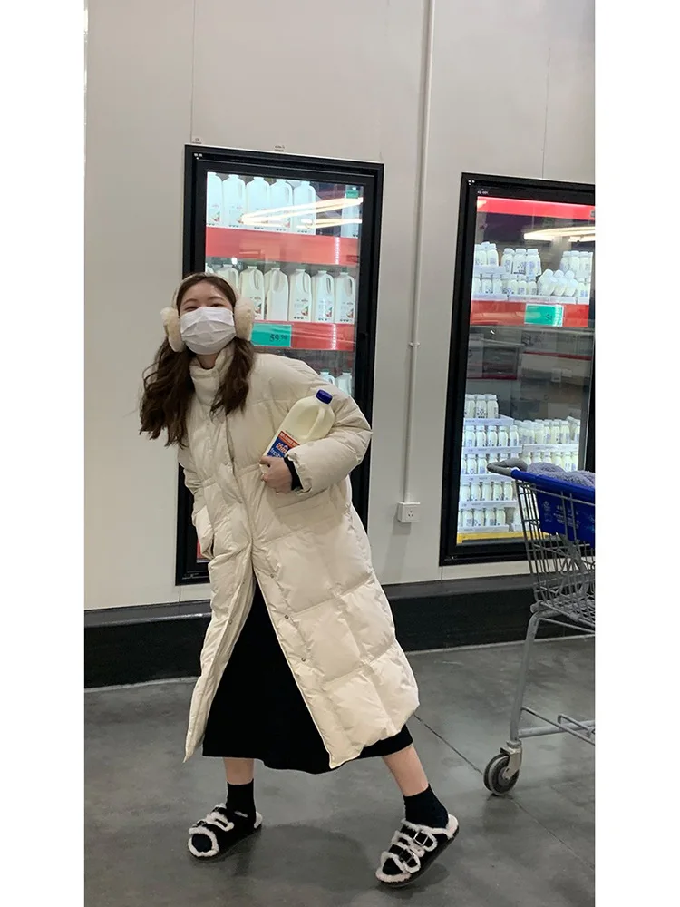 Down coat long knee length stand collar white duck down coat for female winter