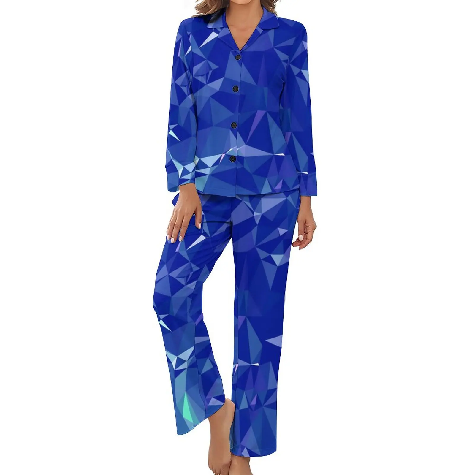 

Elegant Geo Print Pajamas Modern Geometric Art Room V Neck Nightwear Women 2 Piece Design Long Sleeves Cute Pajama Sets