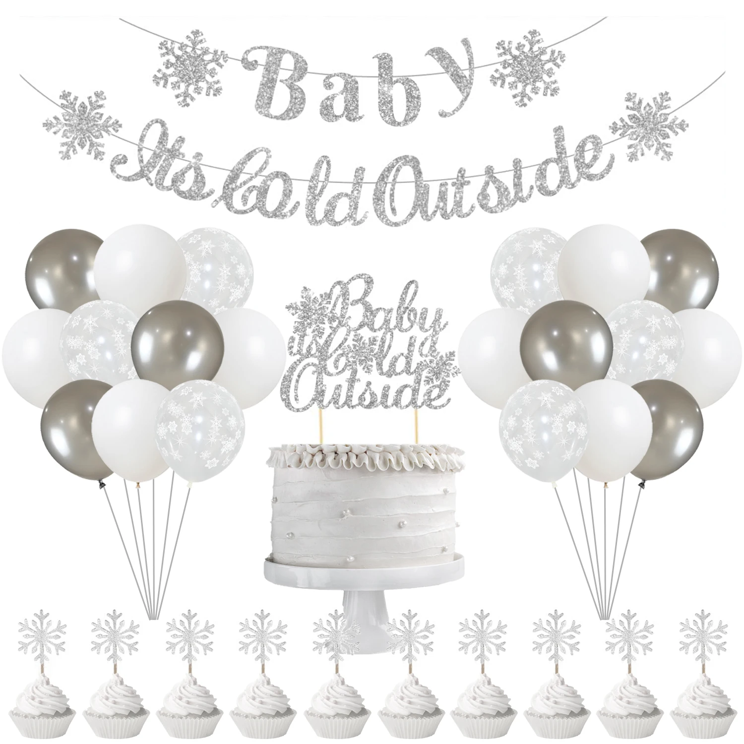 

JOYMEMO Sliver Snowflake Theme Baby Shower Decorations Baby It’s Cold Outside Banner Snowflake Balloons Cake Topper Kit for Kids