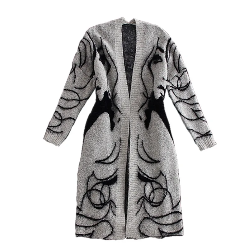 

korean style autumn abstract pattern loose bat sleeve thick sweater women's cardigan 2022 middle long sweater coat women