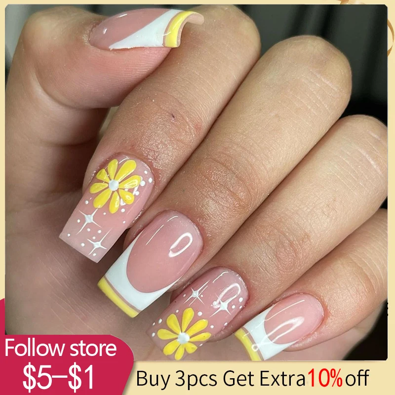 

24pcs Short Square French False Nails Summer Flower Full Cover Fake Nails Detachable Press On Nail Tips Decoration Manicure Tool