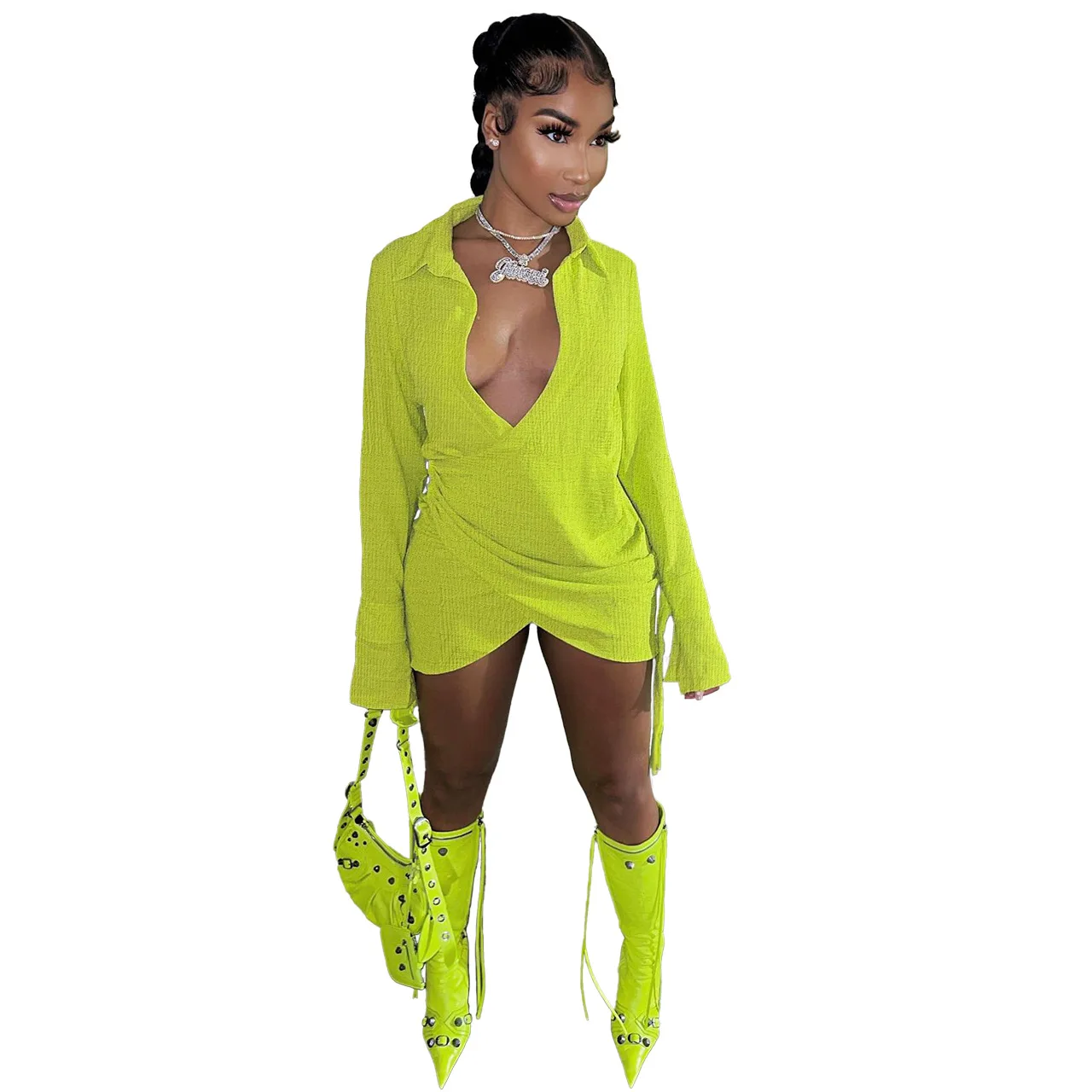 

Повседневное женское платье с глубоким V-образным вырезом и длинным рукавом, однотонные вечерние облегающие мини-платья для женщин, платья