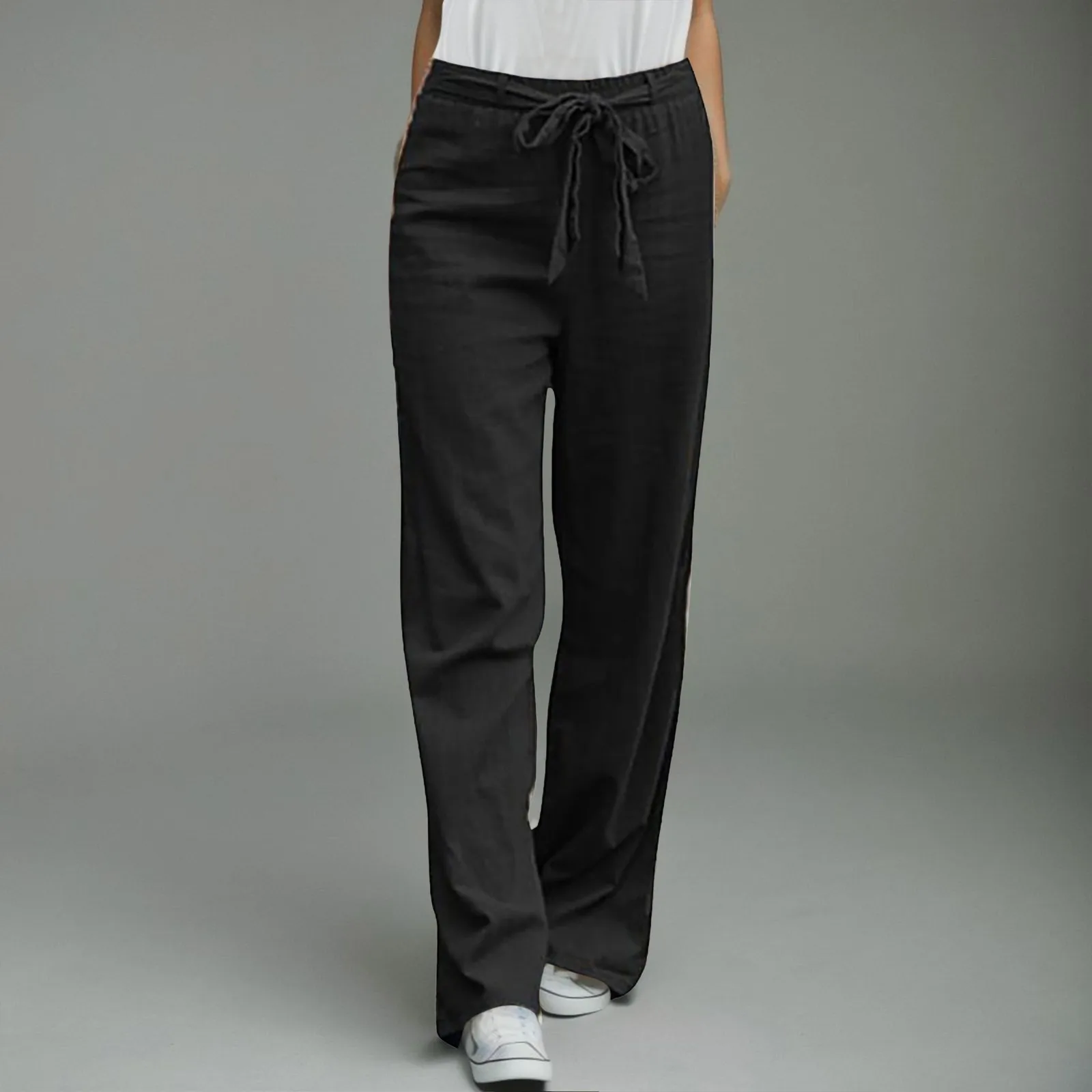 

Solid Cotton Women's Trousers Long Sashes Fashionable Versatile Pants Casual Everyday Straight Leg Long Pants