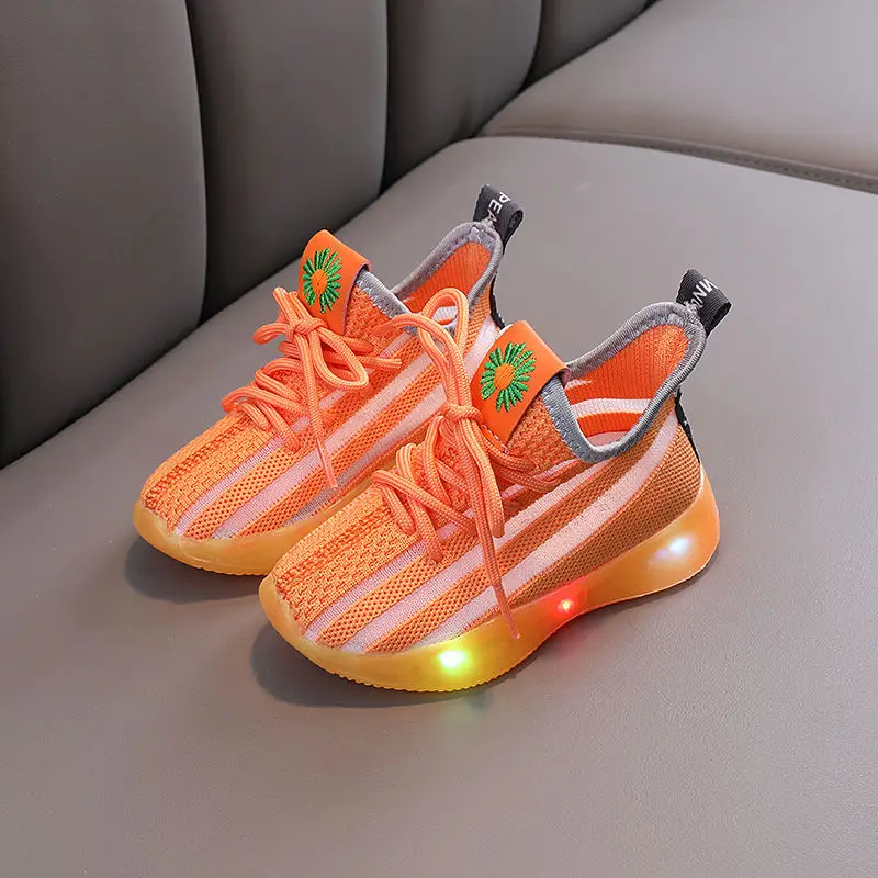 

Spring Kids Sneakers Zapatillas Casual Striped Jelly Bottom Orange Pink Flats Sport Shoes Summer Breathable Baby Girls LED Shoes
