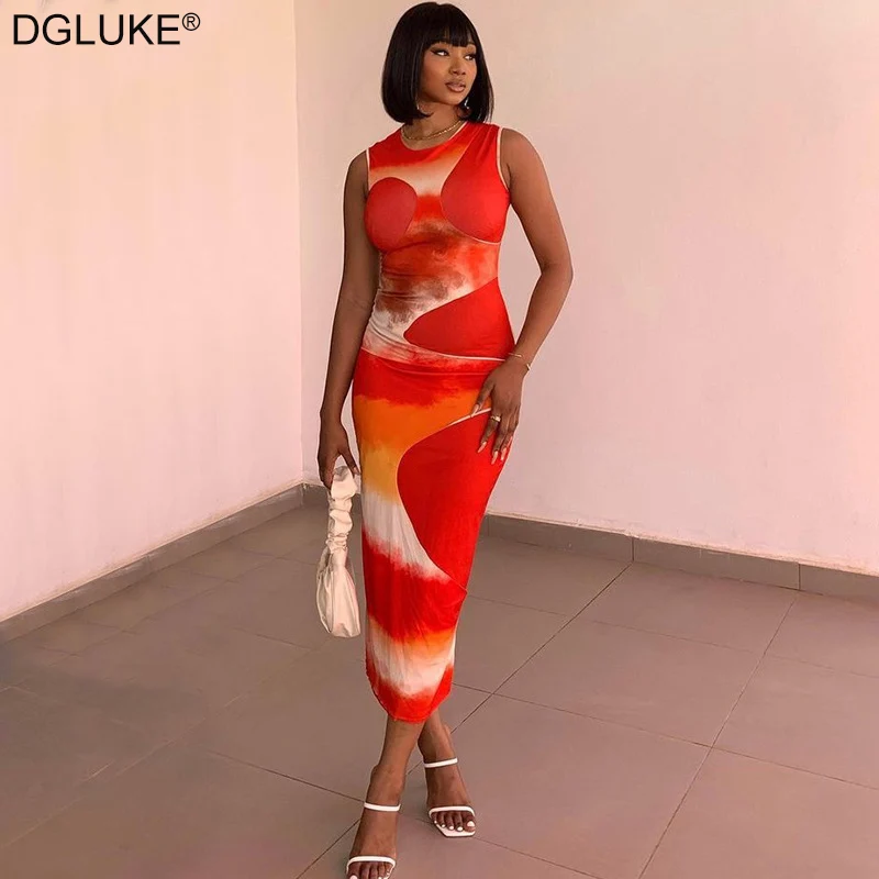 

Модное летнее платье-чехол с принтом, облегающее Макси-платье без рукавов с круглым вырезом, облегающие повседневные длинные платья для жен...