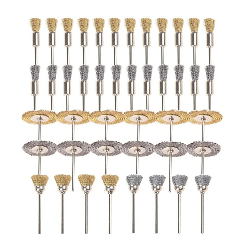 

44 Pieces Mini Wire Brush Wheel Cup Brass Steel Wire Brush Set 1/8 Inch Shank For Power Rotary Tools Polishing