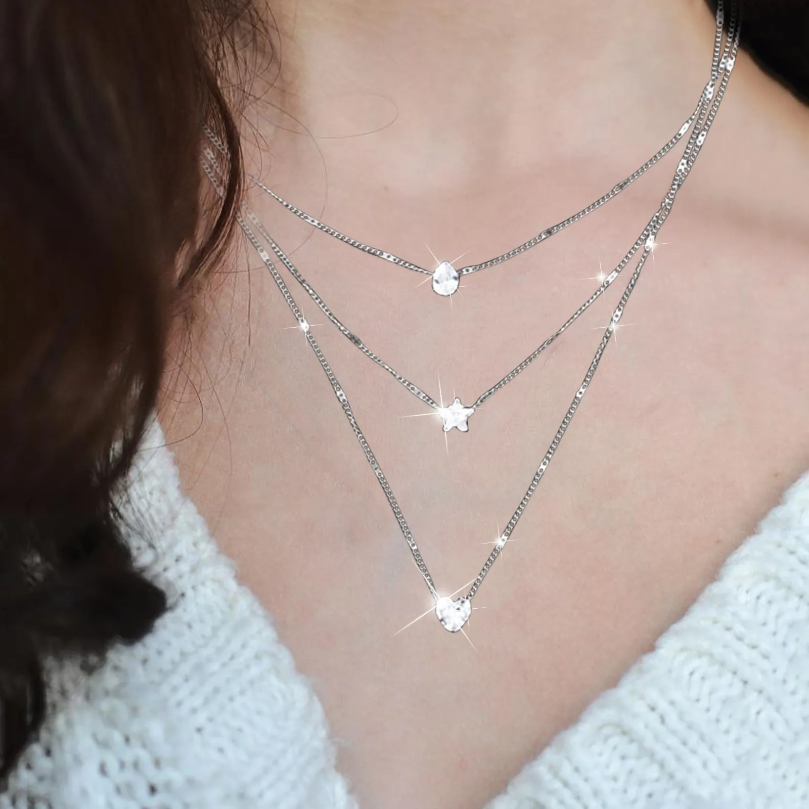 Daisy Chain Necklace Star Heart Rhinestone Pendant Three Layer Necklace Zircon Heart Necklaces Fake Diamond Necklaces for Women