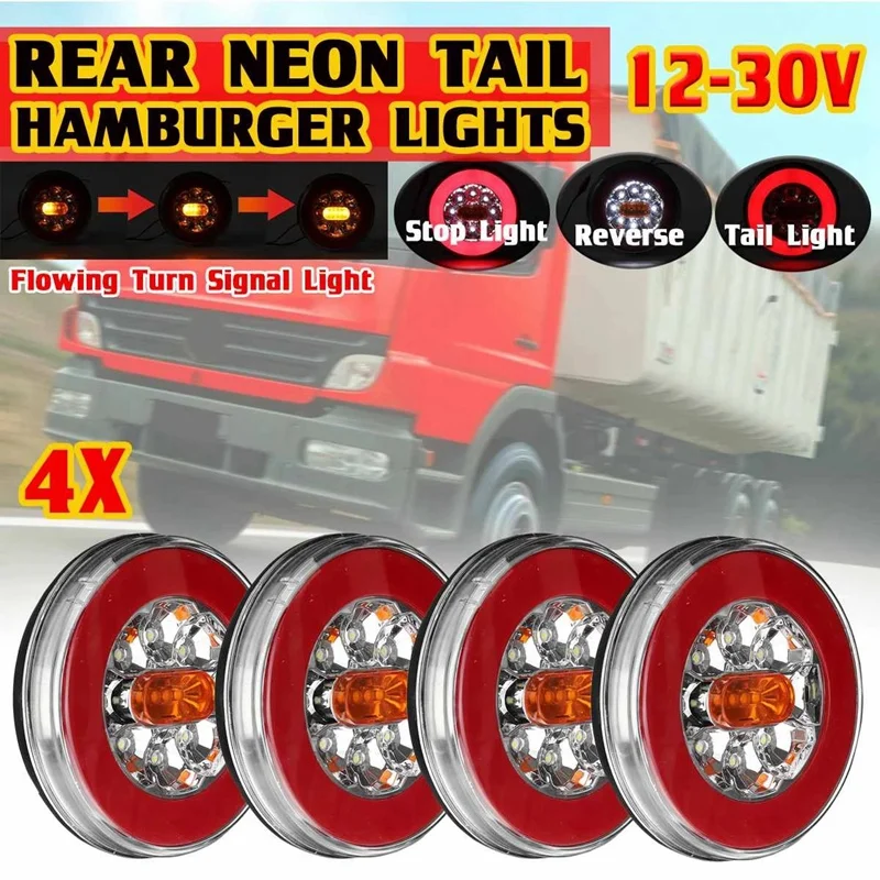 

4X 32LED 12-30V Truck Taillight For Car Trailer Lorry 4 In1 Dynamic Tail Trun Signal Reverse Lamp Rear Brake Stop Light