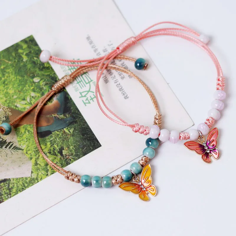 

Fashion Handmade Yellow Pink Butterfly Flower Bracelet For Women Charm Sweet Animal Rabbit Pendant Braided Bracelets Jewelry