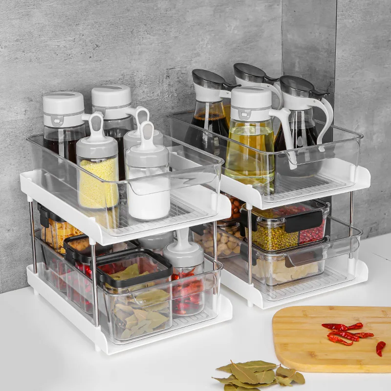 

Double Drawer Rack PET Cabinet Soy Sauce Vinegar Bottle Condiment Finishing Rack Kitchen Pull-out Storage Rack White