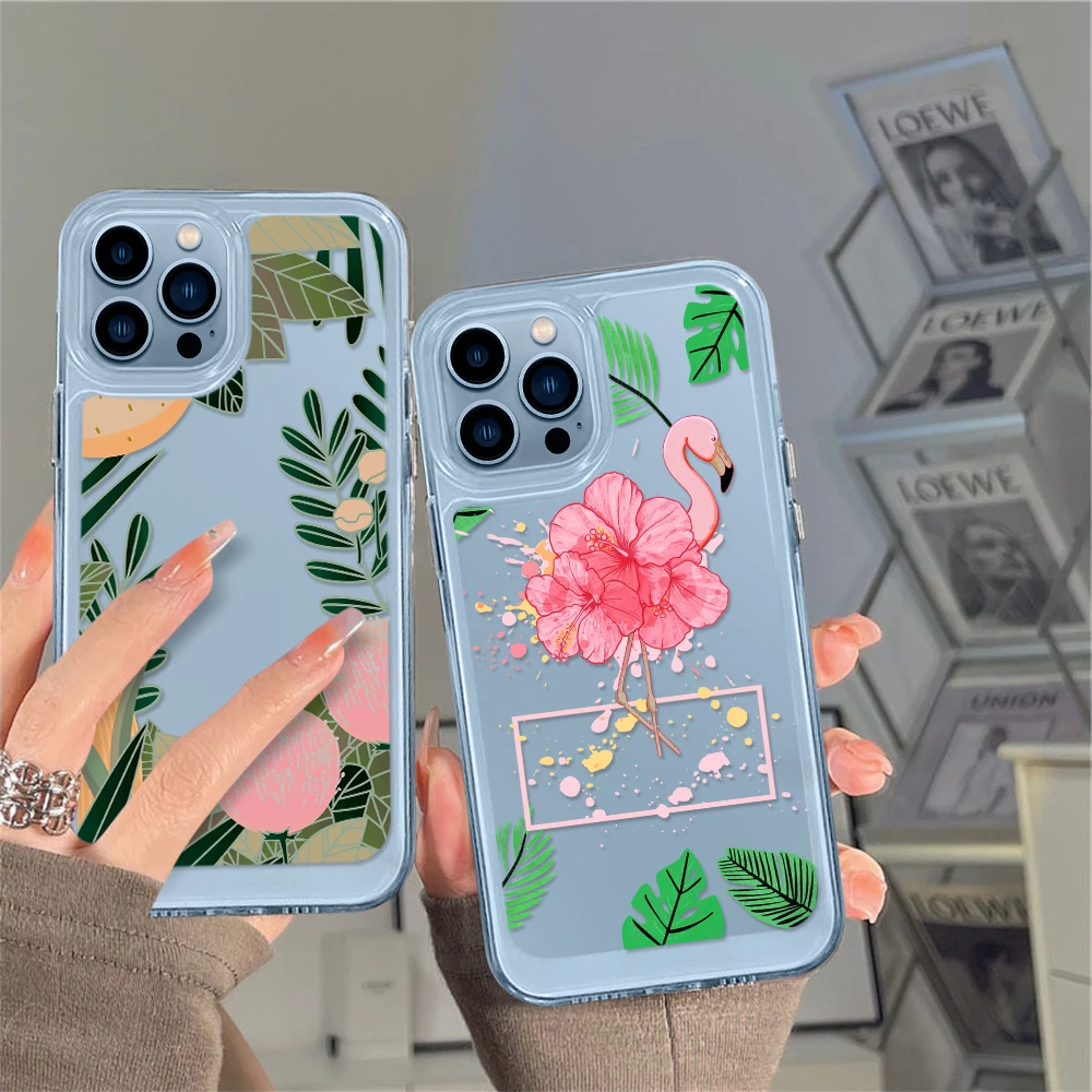 

Tropical Plant Case for iPhone 14 13 12 11 Pro Max Mini XS XR X Transparent Shell Cover for iPhone14promax Cute Flamingo Fundas