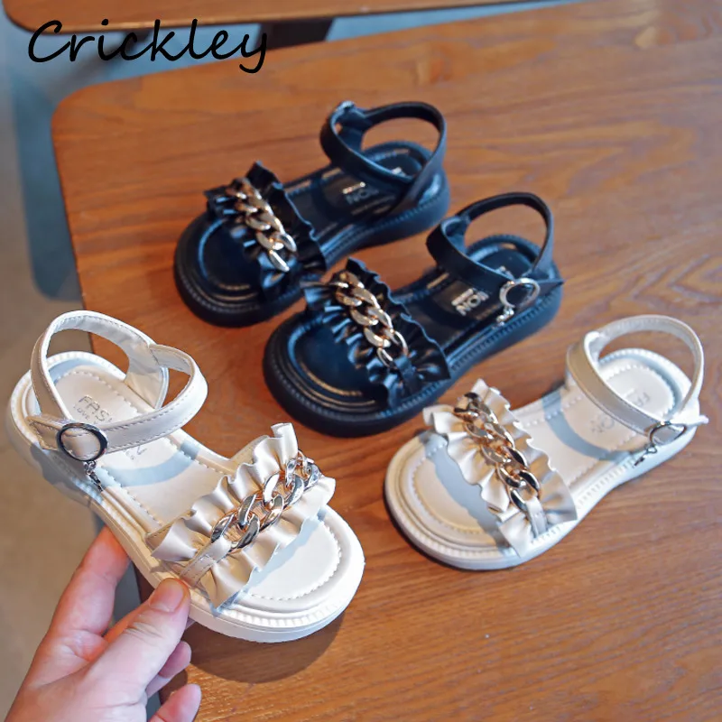 

Ruffles Metal Chain Kids' Sandals PU Solid Princess Shoes For Girls Toddler High Quality Soft Bottom Non Slip Children Sandals