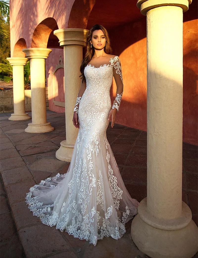 

Vintage White Mermaid Wedding Dresses Long Sleeves Tulle Scoop Neck 2023 Luxury Laces Appliqued With Train Bridal Gowns Elegant