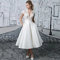 classic new ivory wedding dresses lace short bridal gowns mid calf length bride dresses v neckline short sleeves on sale 2022
