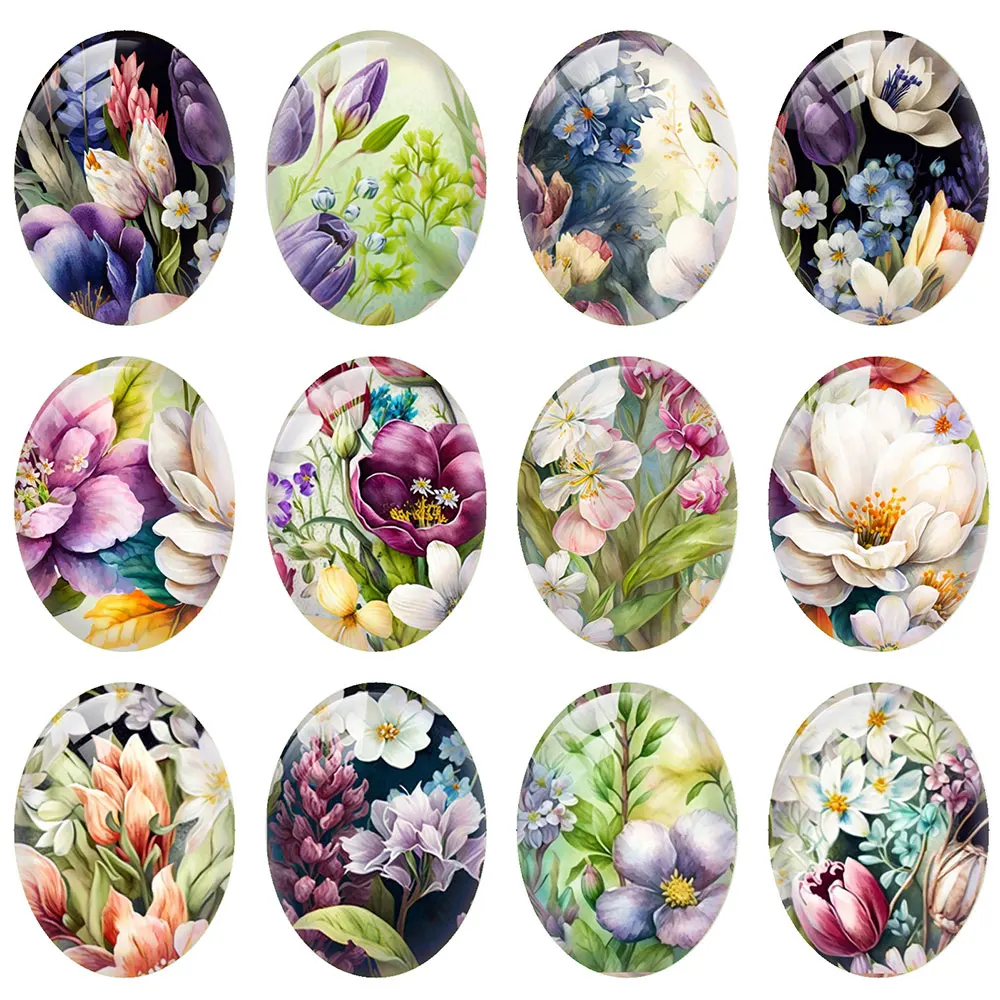 10 шт./лот белый зеленый фиолетовый цветок овальный фото стеклянный кабошон с