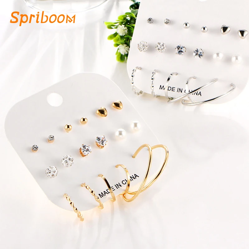 

Female 9 Pairs/set Stud Hoop Earrings Sets Punk Silver Gold Boho Earring Rhinestone Simple Pearl Heart Earings Combination Gifts
