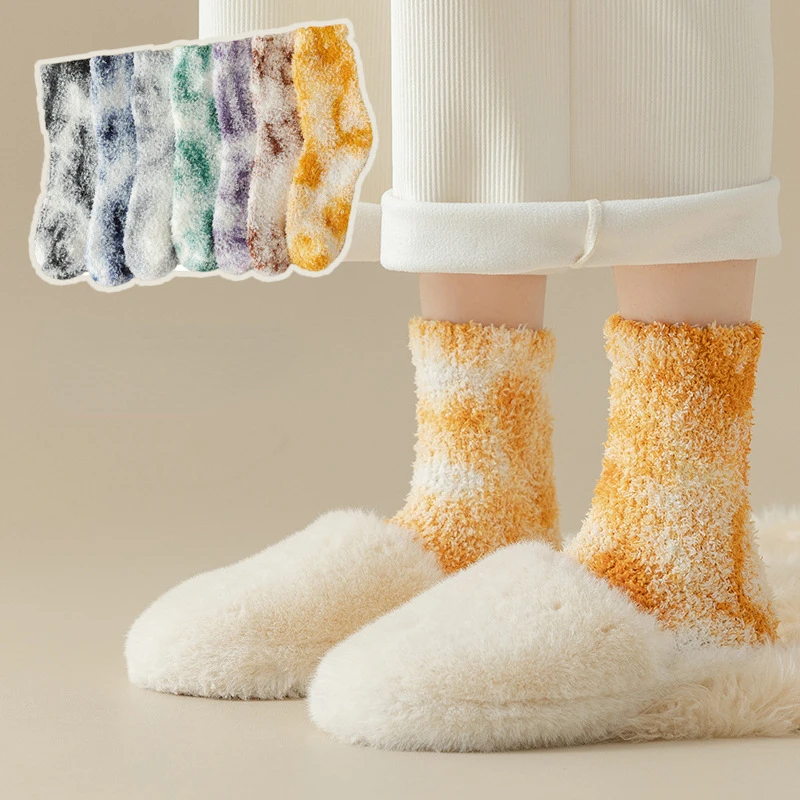 New tie-dye coral fleece socks thickened home sleeping socks two bars long calf winter warm floor socks