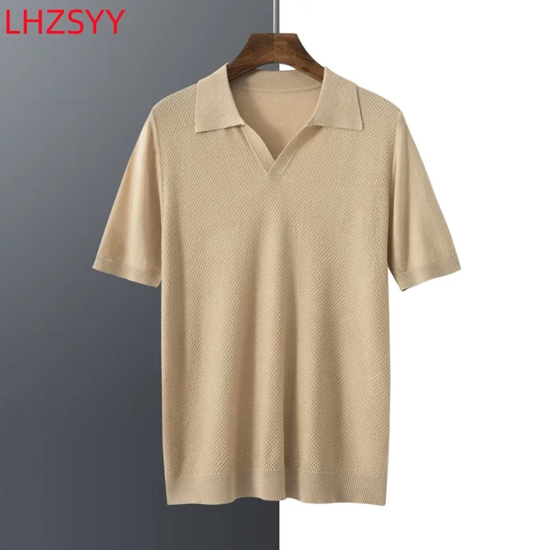 

LHZSYY Worsted Thin Men's New POLO Neck Mulberry Silk Knitted Short Sleeve High-end Cashmere T-shirt V-Neck Half Sleeve Sweater