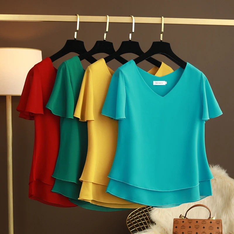 Блузка шифоновая женская с V-образным вырезом Модный брендовый однотонный топ
