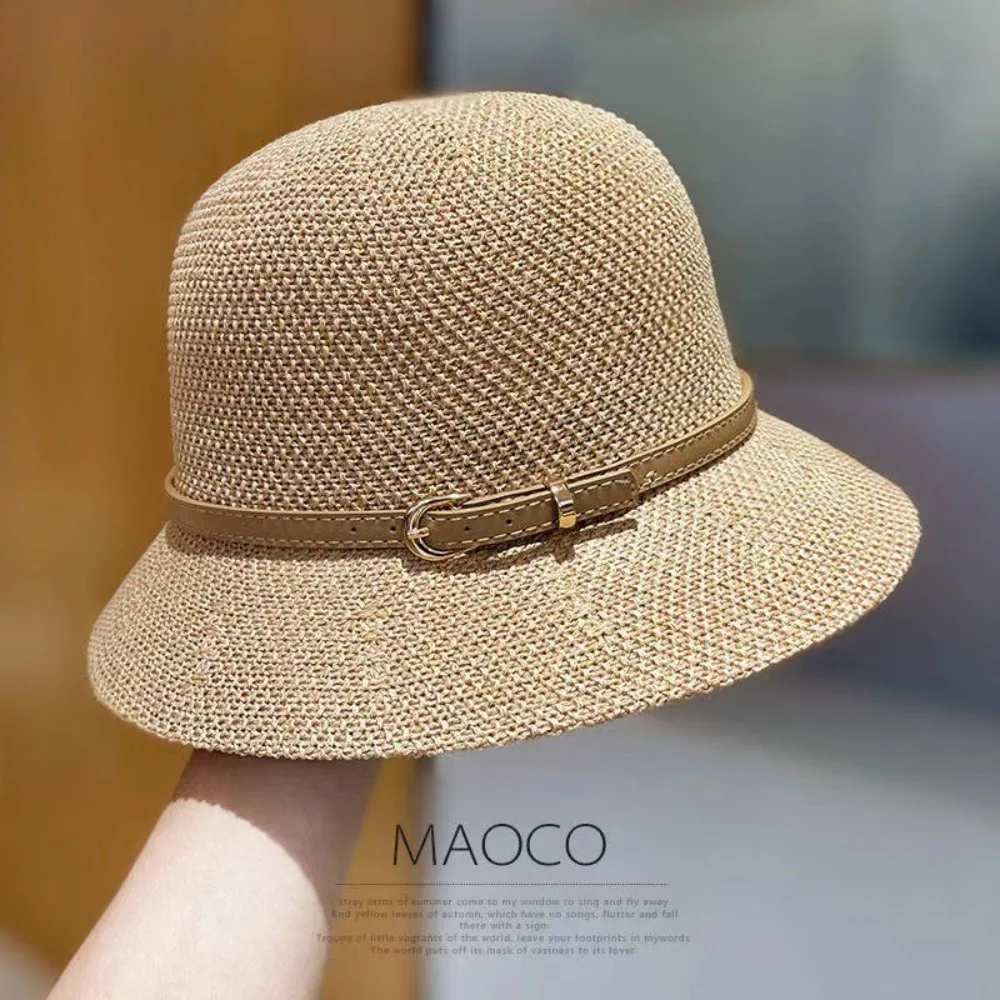 

Solid Color Braid Bucket Hat For Women Summer Hollow Out Breathable Beach Hat Knit Dome Fisherman Caps Lady Sunshade Panama Cap