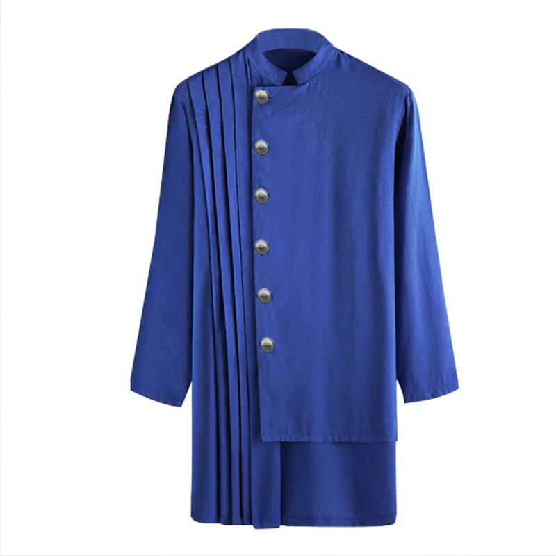 2022 New Muslim Fashion Men Robe Ramadan Eid Stand Collar Arabian Long Sleeve Linen Summer Pleated Robe Dubai Islamic Clothing