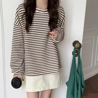 coffee stripes cotton t shirts women loose fitting autumn spring hot sale lady casual full sleeve chic all match tops 831g