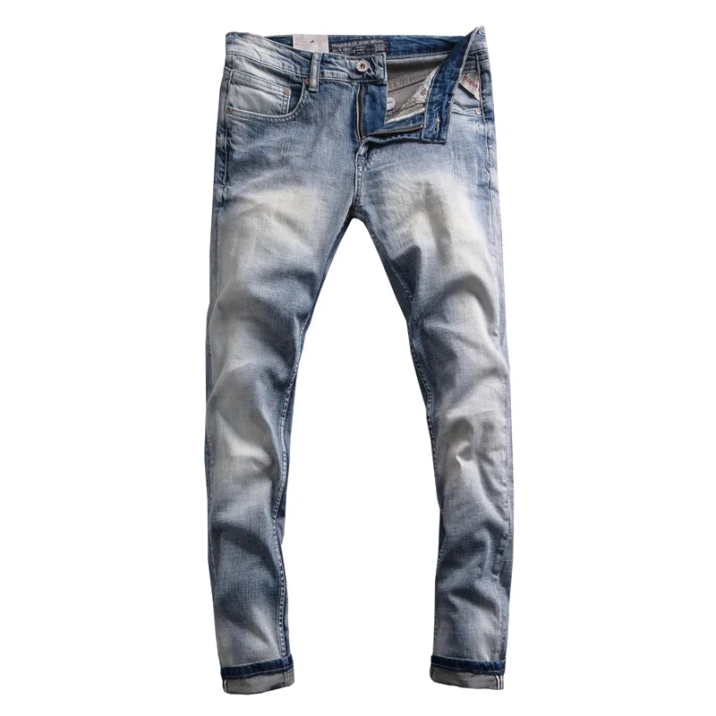 Italian Style Fashion Men Jeans Retro Light Blue Stretch Slim Fit Ripped Jeans Men Trousers Vintage Designer Casual Pants Hombre