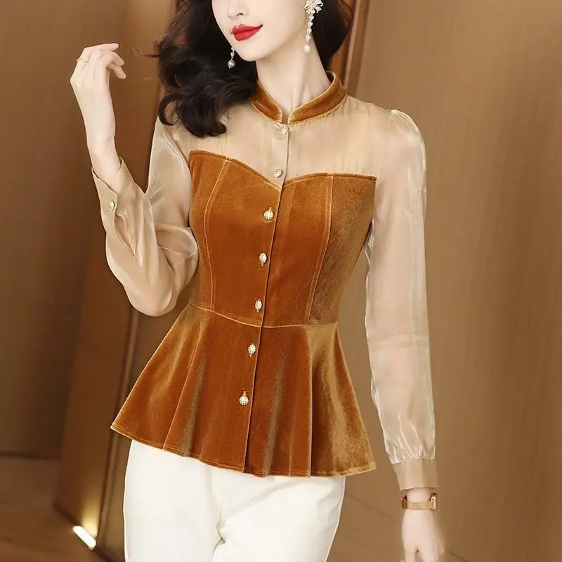

Women's Elegant Stand Collar Velvet Thick Warm Slim Basic Shirts Autumn Winter Fashion Long Sleeve Ladies Tops Clothing T800