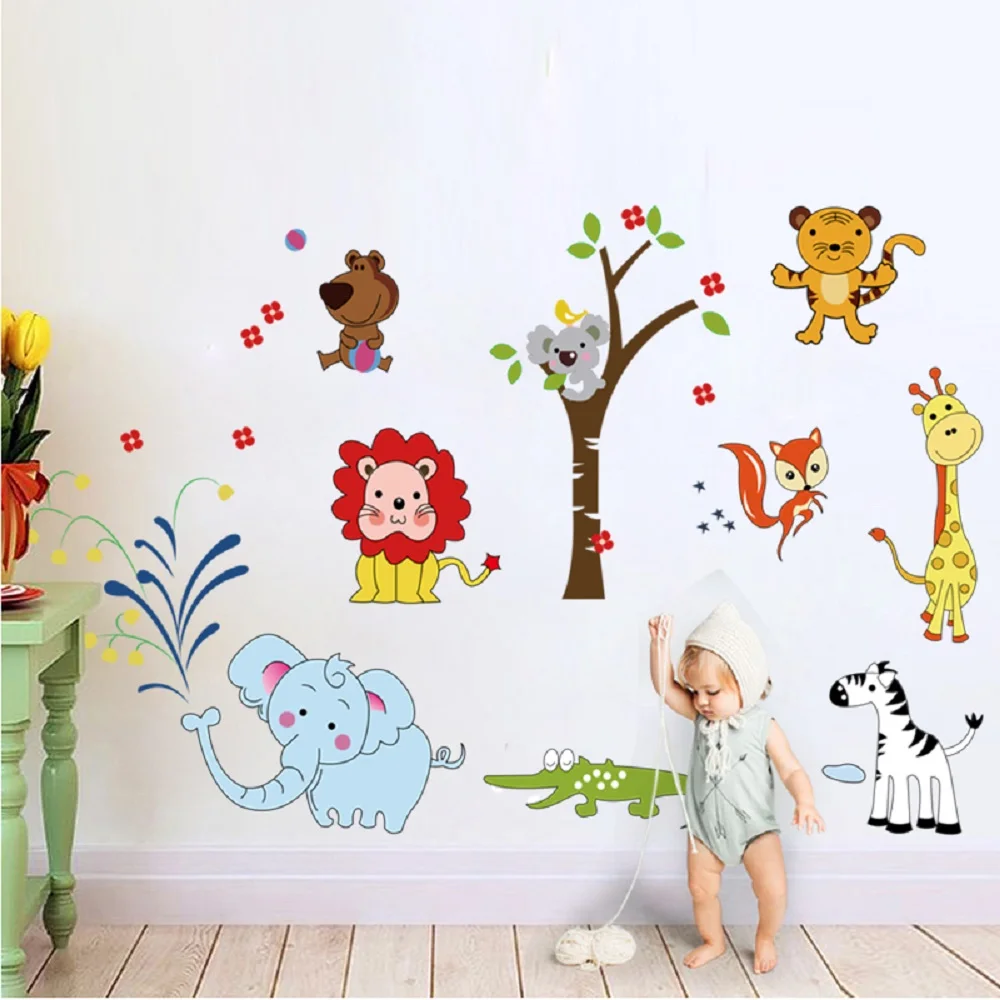 

Animal Lion Elephant Wall Stickers Jungle Zoo Safari Decor Nursery Baby Kids Bedroom Decors Art