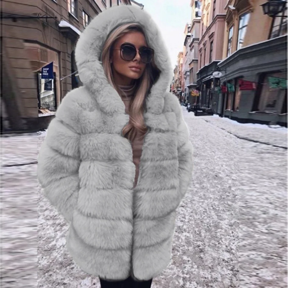ICCLEK Haining fur 2019 imitation fur fox fur long sleeve hooded fur coat women's coat