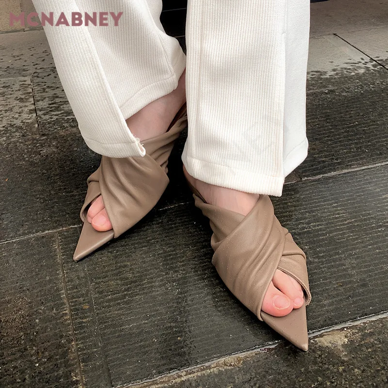 Folded Cross Open-Toed Slippers Summer New French Design Pointy Muller Slippers Casual Fashion Home Wear Flat Slippers