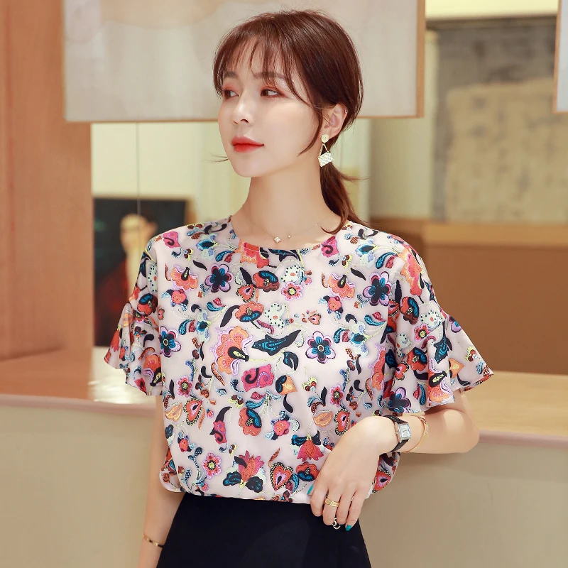 

Satin Women's Blouse Large Size Floral Printing Loose Shirt Elegant Summer Short Sleeve Casual Top Fashion Female Clothing