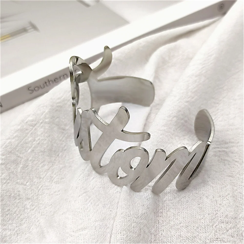 Customized Name Bracelet for Men Personalized Stainless Steel Silver Adjustable opening Cuff Bangles For Women Jewelry Gift images - 6