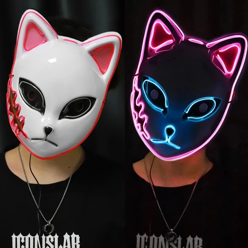 2023 LED Glowing Cat Face Mask Cool Cosplay Neon Demon Slayer Fox Masks for Birthday Gift Carnival Party Masquerade Halloween