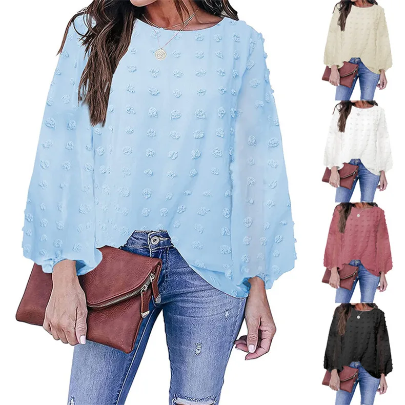 

2023 Women's New Fashion Solid Round Neck Loose Jacquard Wool Ball Long Sleeve Top
