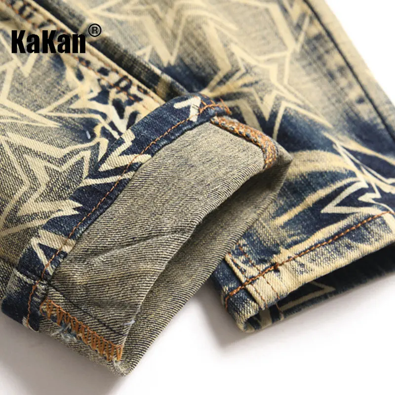 Kakan - New Tight Cotton Bomb Watermark Star Vintage Jeans for Men, Perforated Small Foot Long Jeans K018-3094