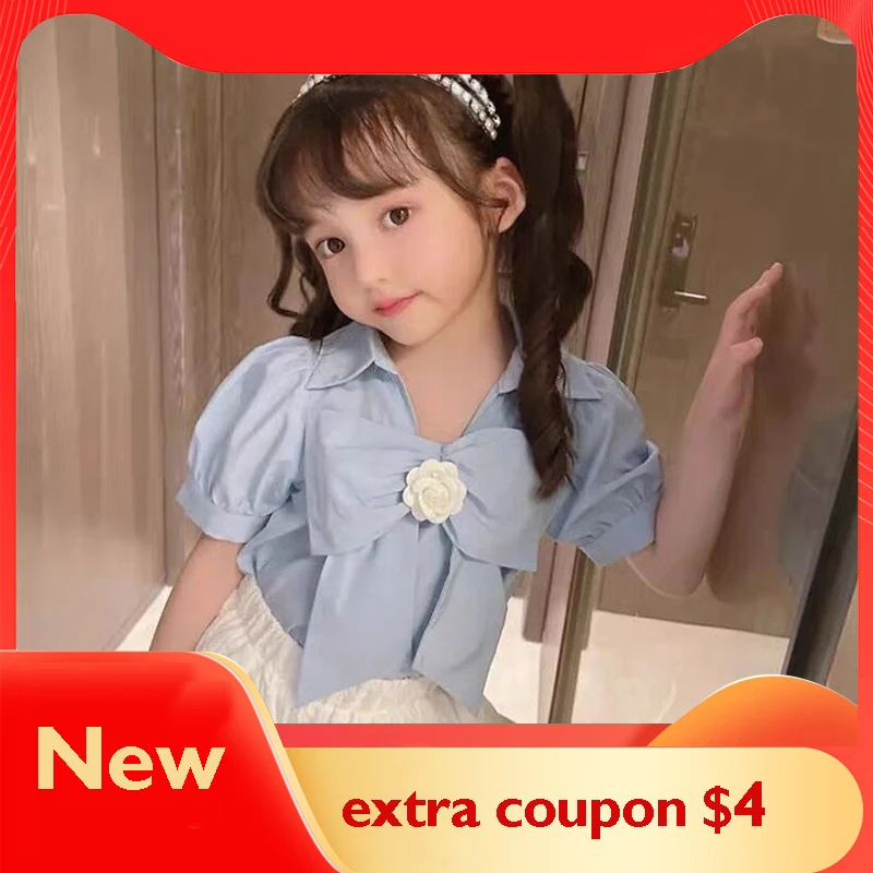 

Новинка лета 2022, Модный комплект детской одежды, рубашка с коротким рукавом и шорты для девочек, Повседневная рубашка принцессы + шорты, комп...