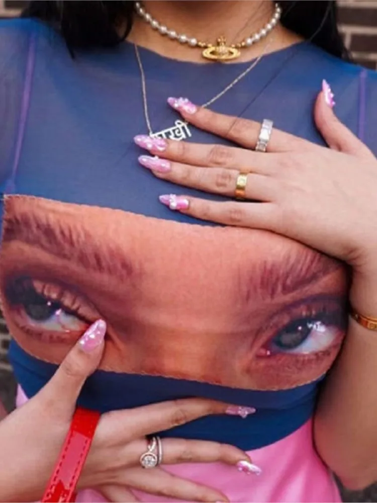 

Y2k Gothic Funny Eye Graphic T Shirt Korean Short Sexy Sheer Mesh Street Dark Grunge Short Top Summer Vintage Women's T Shirt