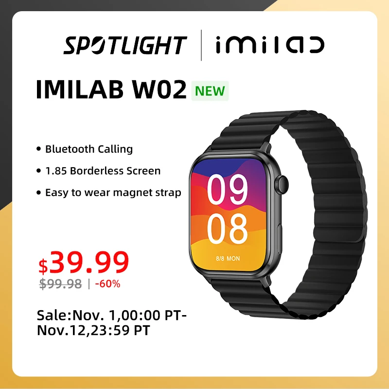 World Premiere IMILAB W02 Smart Watch Bluetooth Calling 1.85 inch Built in Mini Games 280mAh Long Battery Life For Android IOS