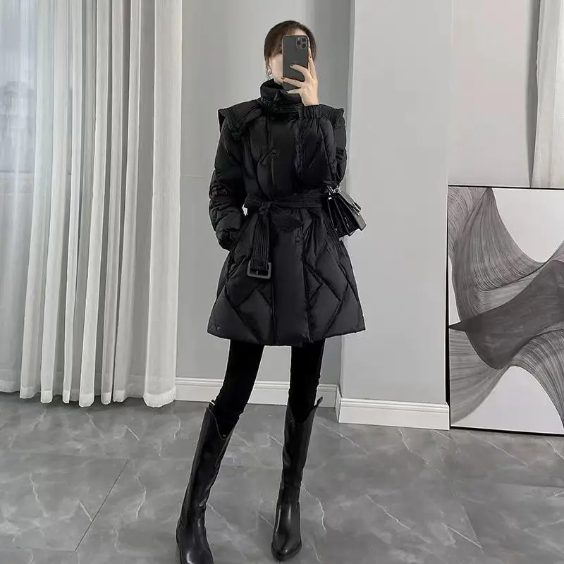 2022 New Winter Slim Waist Retractable Medium Long Down Coat Women's Black Slim Double breasted Stand Collar Coat