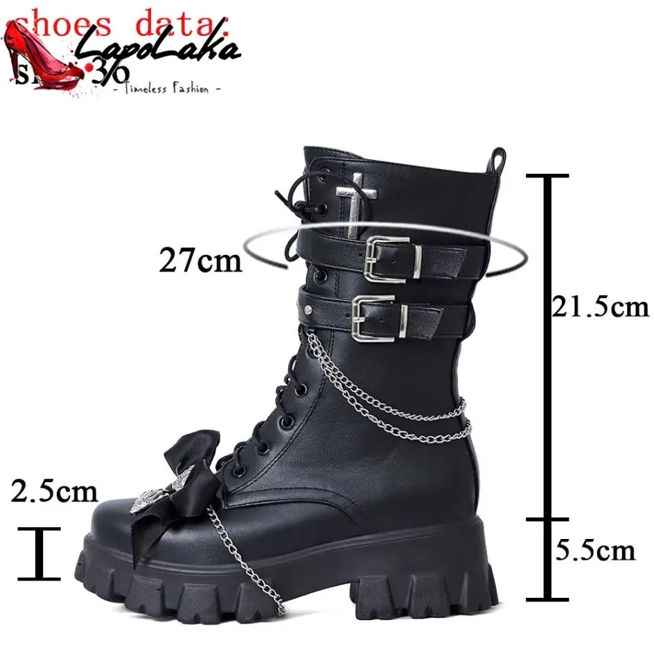 LapoLaka 2022 Punk Style Buckle Mid Calf Boots Bow-knot Cross-tied Chain Design Sweet And Cool Autumn Winter Women Boots