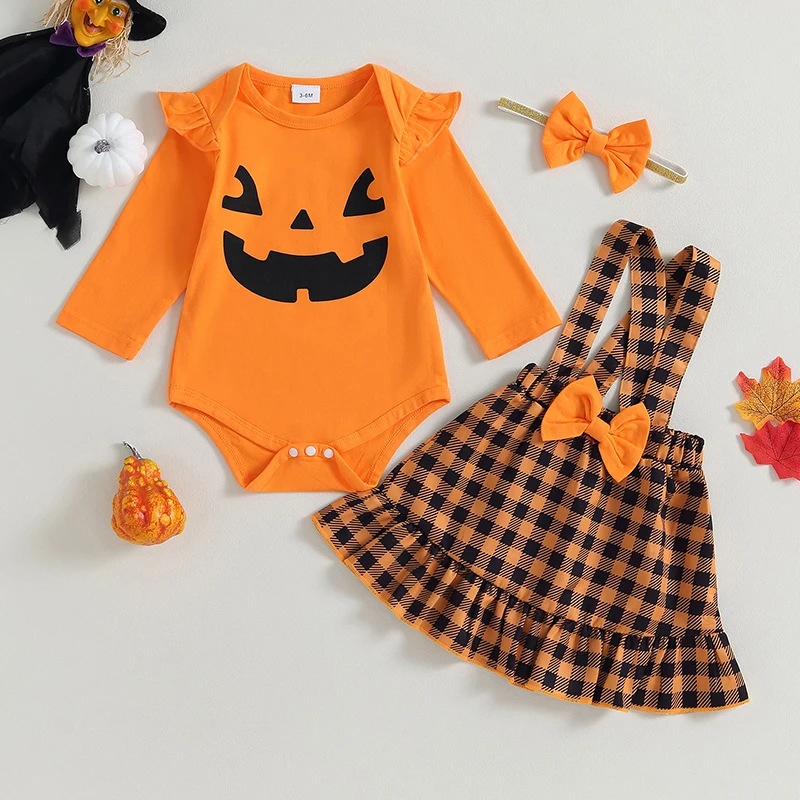 

Одежда для маленьких девочек на Хэллоуин, комбинезоны с длинным рукавом и принтом тыквы, юбка с галстуком-бабочкой, повязка на голову, 3 предмета, комплекты осенней одежды