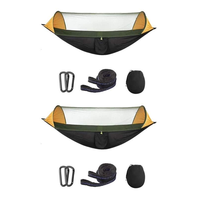 

2X Portable Automatic Camping Hammock With Mosquito Net,Folding Multi Use Hammock Swing For Outdoor Camping,Black&Yellow