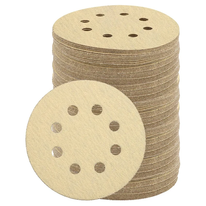 

HOT-100Pcs шлифовальный диск, 5-дюймовый шлифовальный лист, 8 отверстий без пыли, наждачная бумага с крючком и петлей для шлифовальной машинки слу...