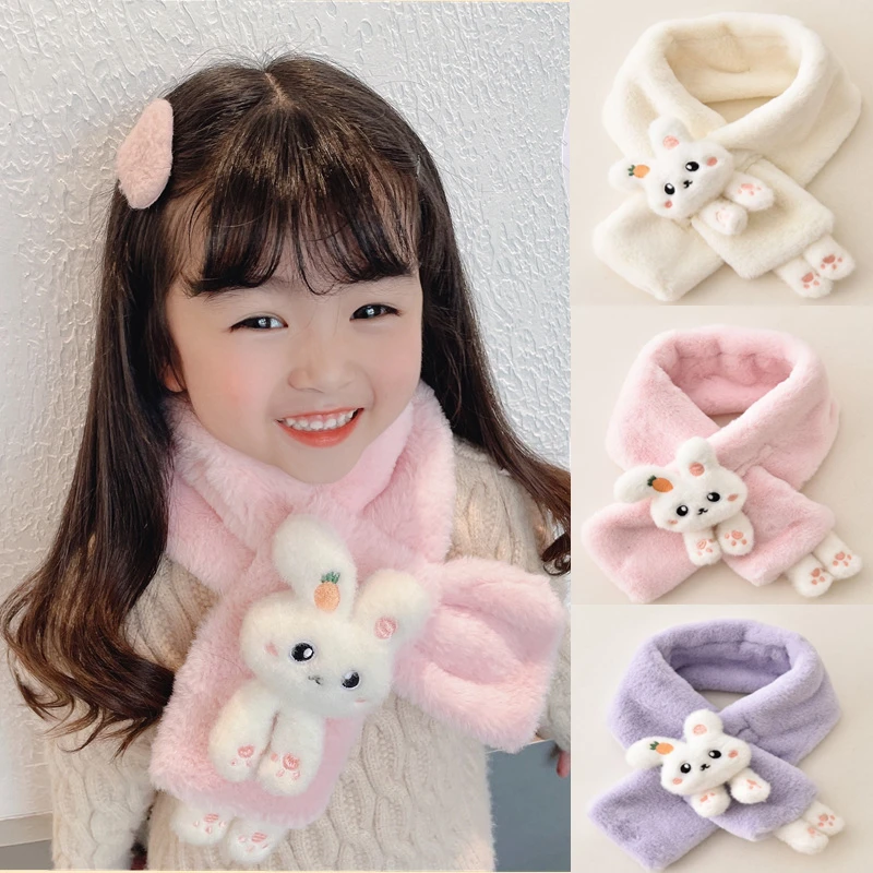 

Korean Boys Girls Winter Thick Plush Cross Children's Scarf Baby Bib Cute Cartoon Rabbit Faux Fur Neck Protection Warm Shawl