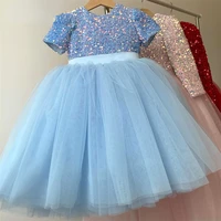 sequin puffy ball gown kids glitter flower girl dresses cute baby girl first communion gown with satin belt